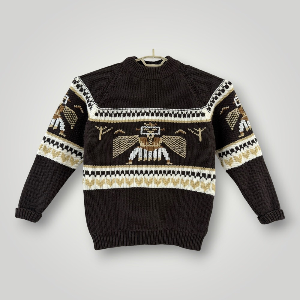 VTG 70s 80s Silton California Thunderbird Sweater Mens L Brown Knit Intarsia